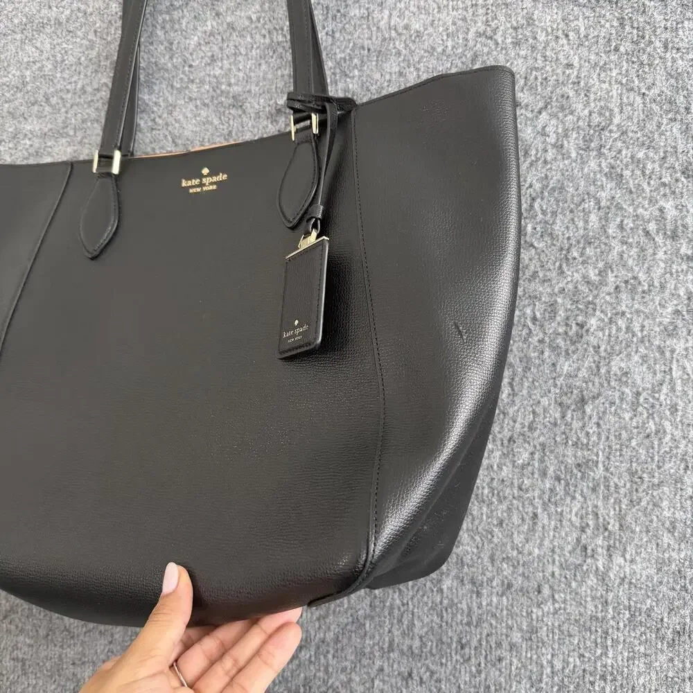 Kate Spade Poppy Large Black Leather Tote Bag Beige Lining Work Office Travel
